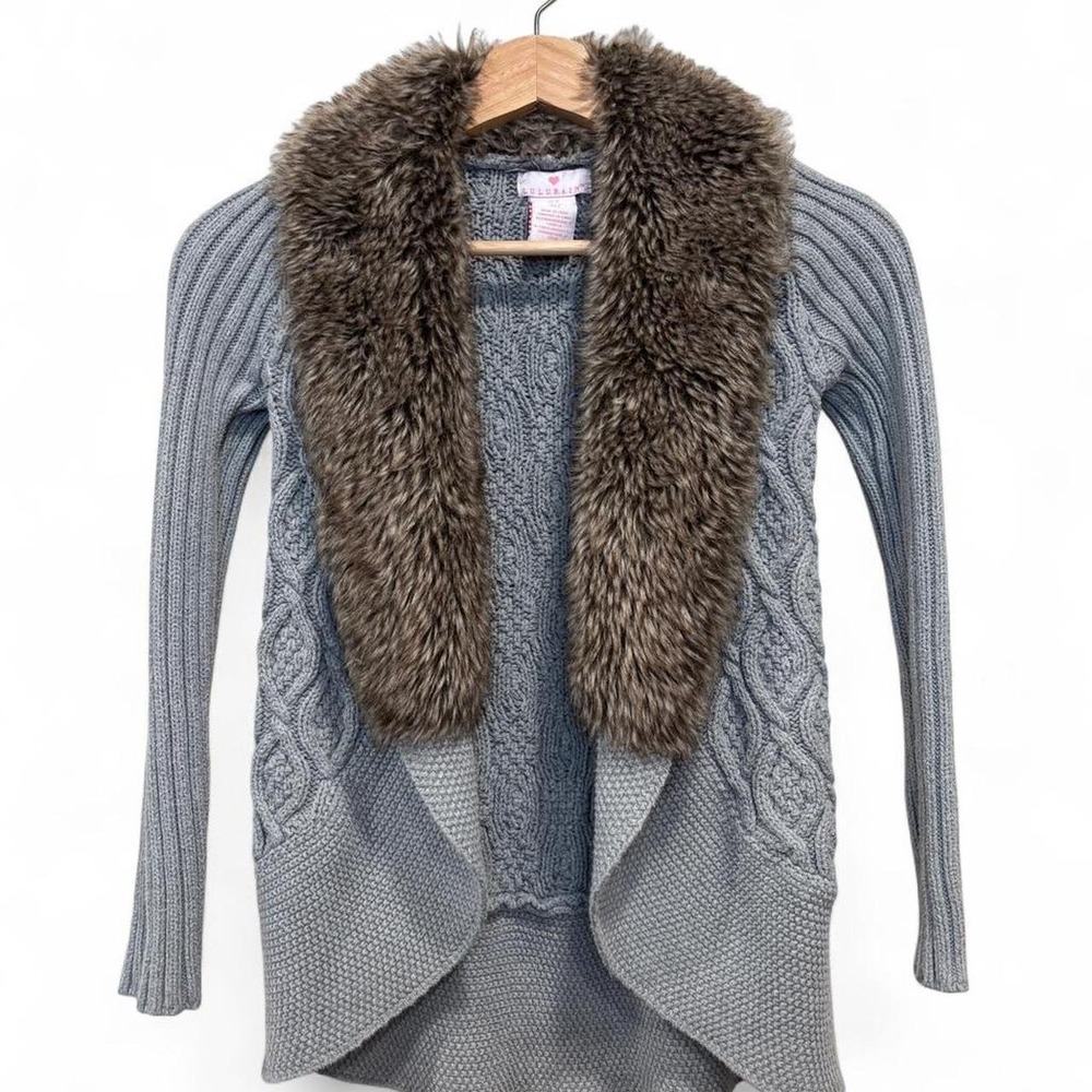 Lulurain Girls Grey Cable Knit Faux Fur Collar Cardigan XXS